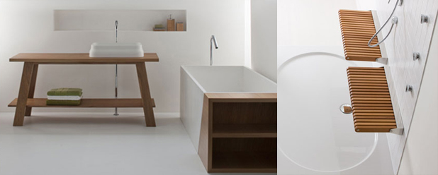 Een houten werkblad in de badkamer voor onder uw waskom